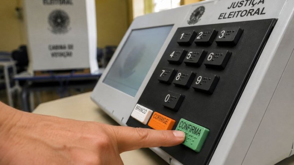 Urna eletrônica da Justiça Eleitoral — teclado e botão Confirma