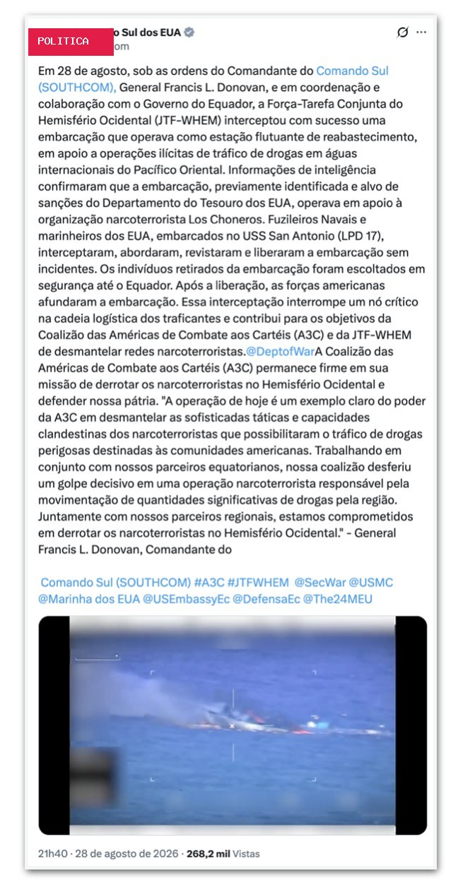 EUA afundam embarcação suspeita de apoiar narcotraficantes no Pacífico