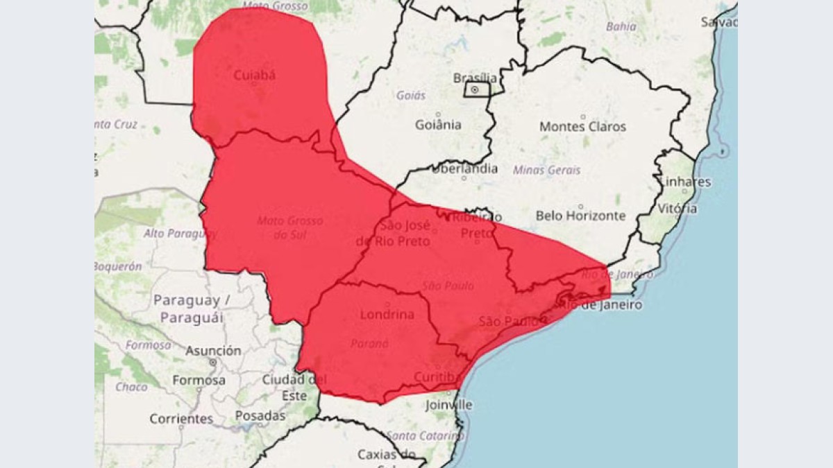Mapa do Inmet com aviso vermelho de onda de calor cobrindo todo o Mato Grosso do Sul, Paraná, São Paulo e partes de outros estados