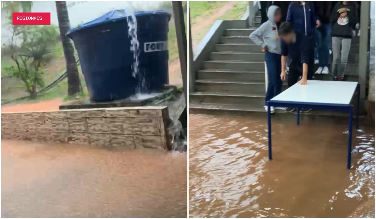 Escola estadual 'vira rio' após chuva em SP e alunos improvisam ponte com mesas