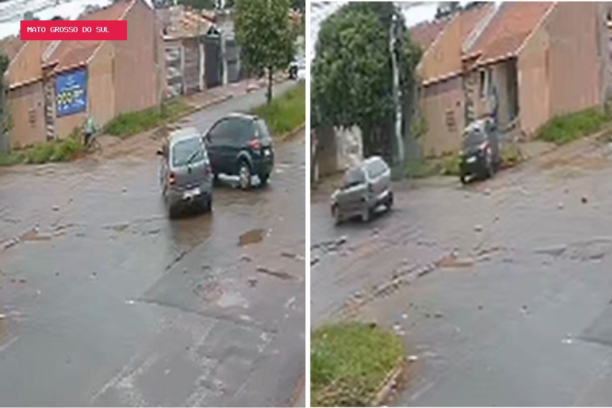 Motorista fura sinal, causa batida e faz carro derrubar muro de casa em Campo Grande