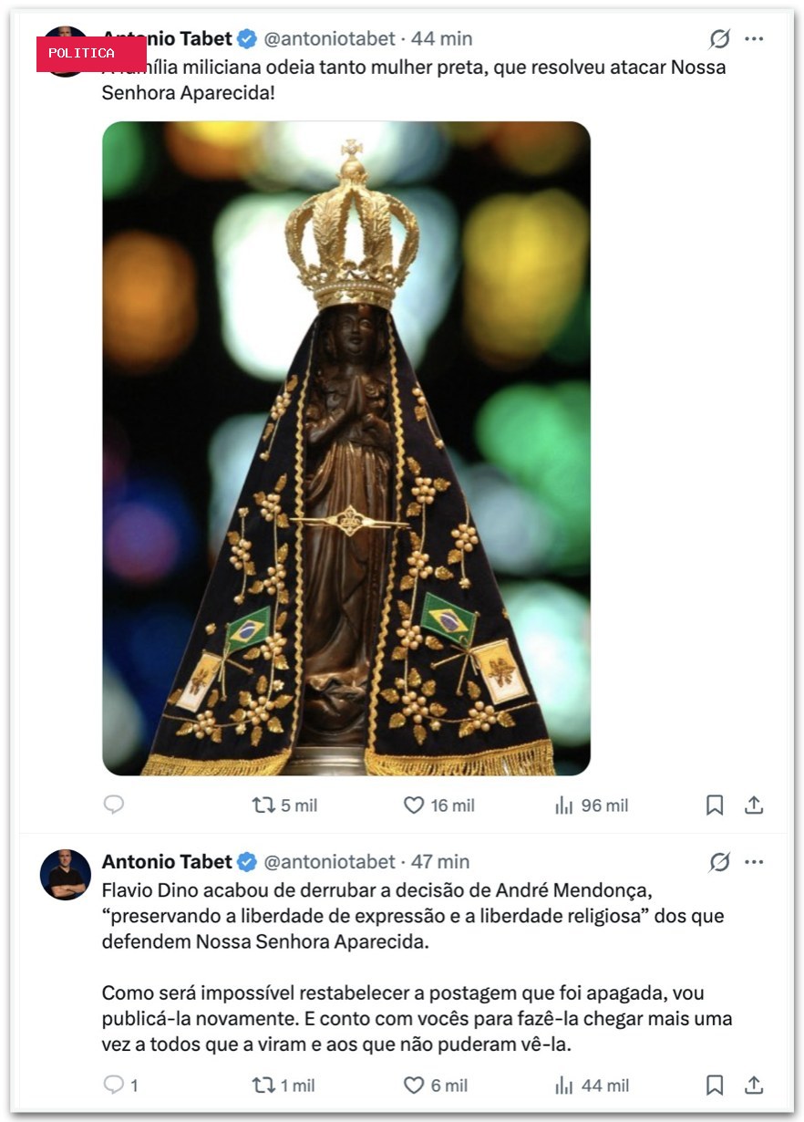 Dino derruba decisão de Mendonça e libera post sobre Nossa Senhora