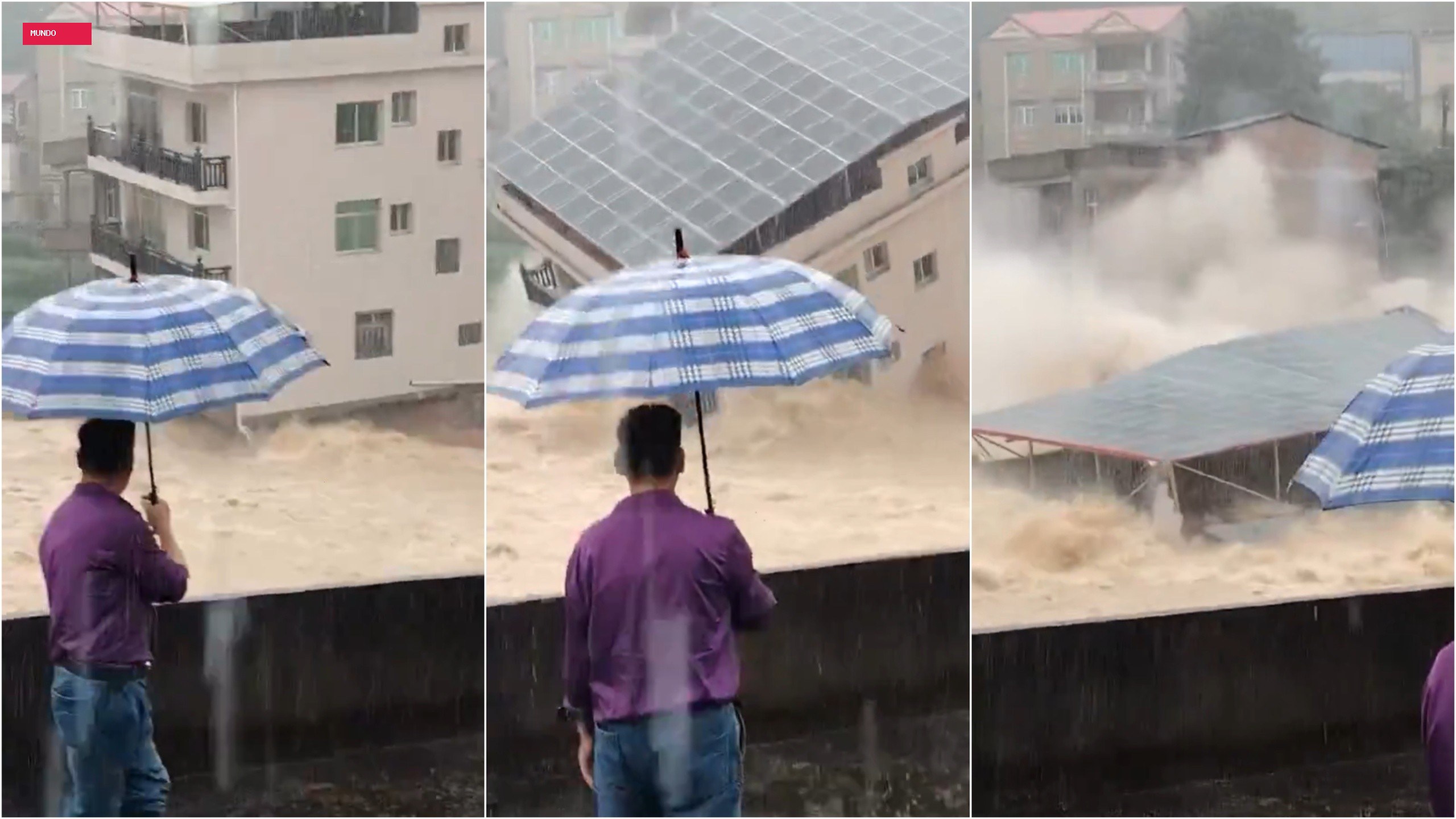VÍDEO mostra prédio desabando e sendo arrastado pela água durante tufão na China