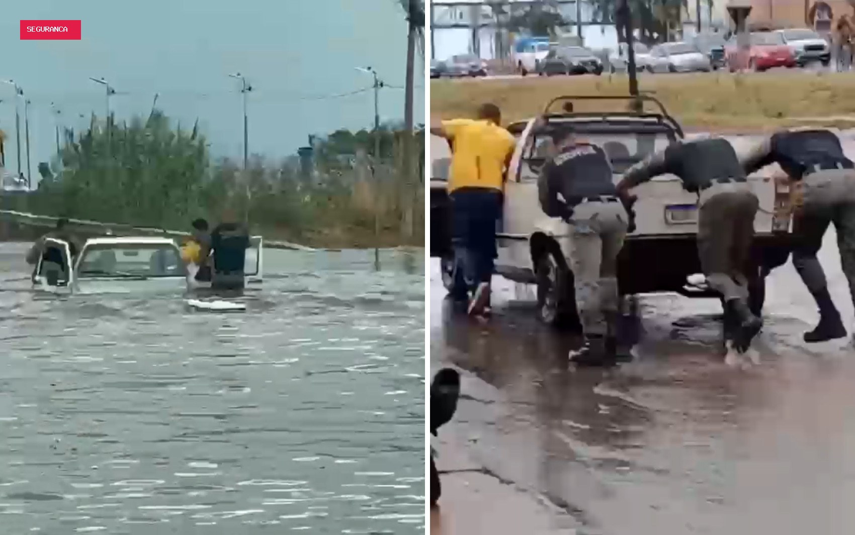 Policiais entram em enchente para resgatar casal ilhado dentro de carro em Goiás