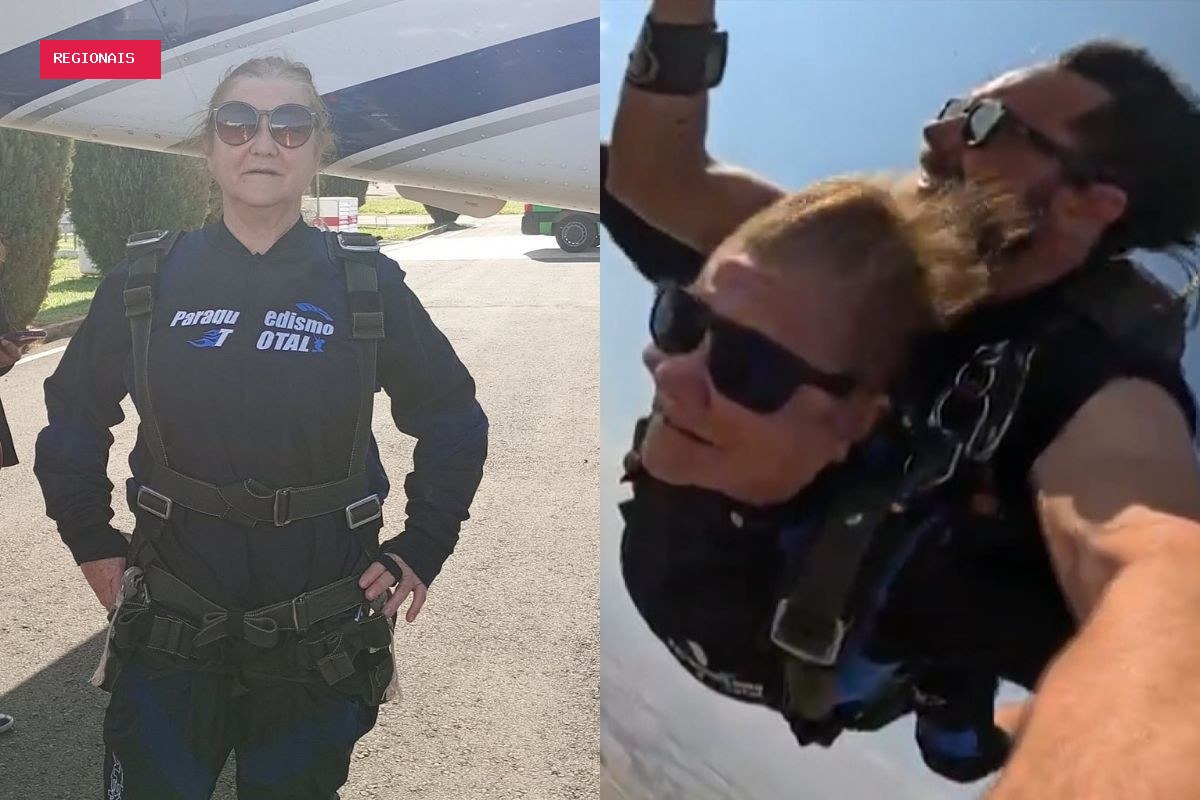 Aos 67 anos, aposentada realiza sonho e pula de paraquedas a quase 2 mil metros de altitude no Paraná