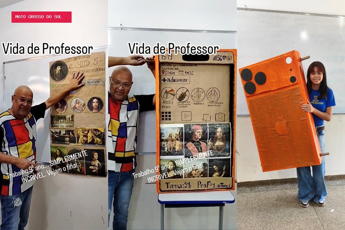 Professor viraliza com trabalho de aluna que criou Instagram de Leonardo da Vinci em celular de papelão em