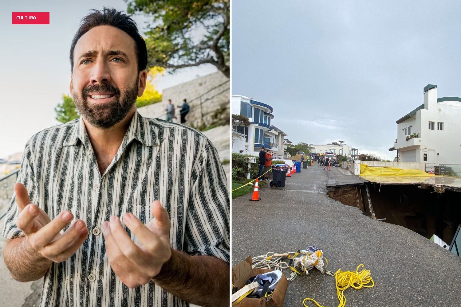 Entrada de mansão de Nicolas Cage desaba e abre cratera gigante em Malibu