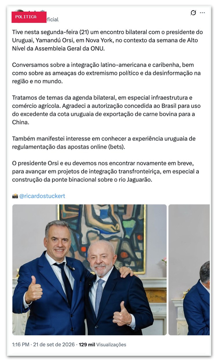 Lula diz que Uruguai cedeu cota de carne bovina à China para o Brasil