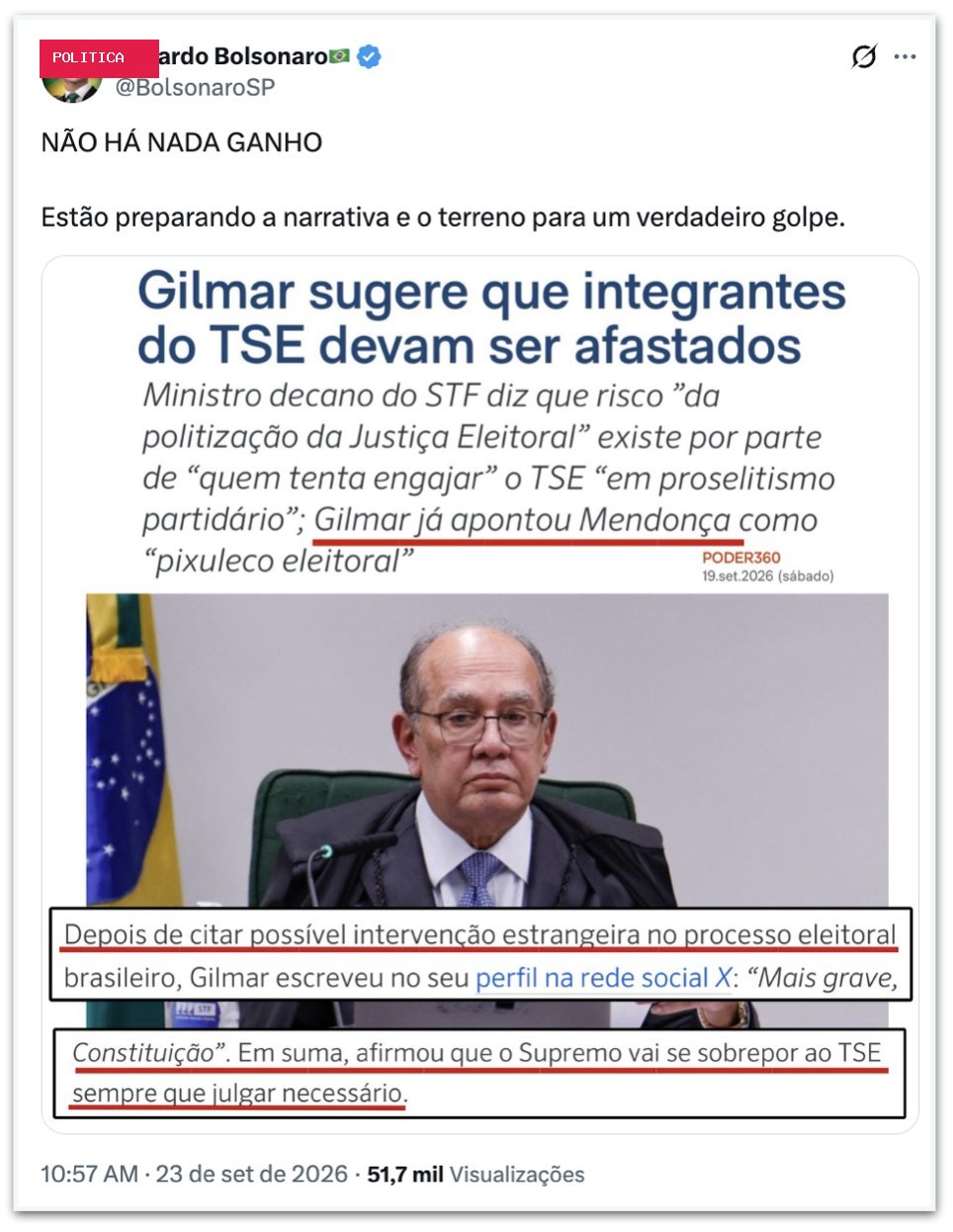 Eduardo reage a Gilmar e diz que há preparação para “verdadeiro golpe”