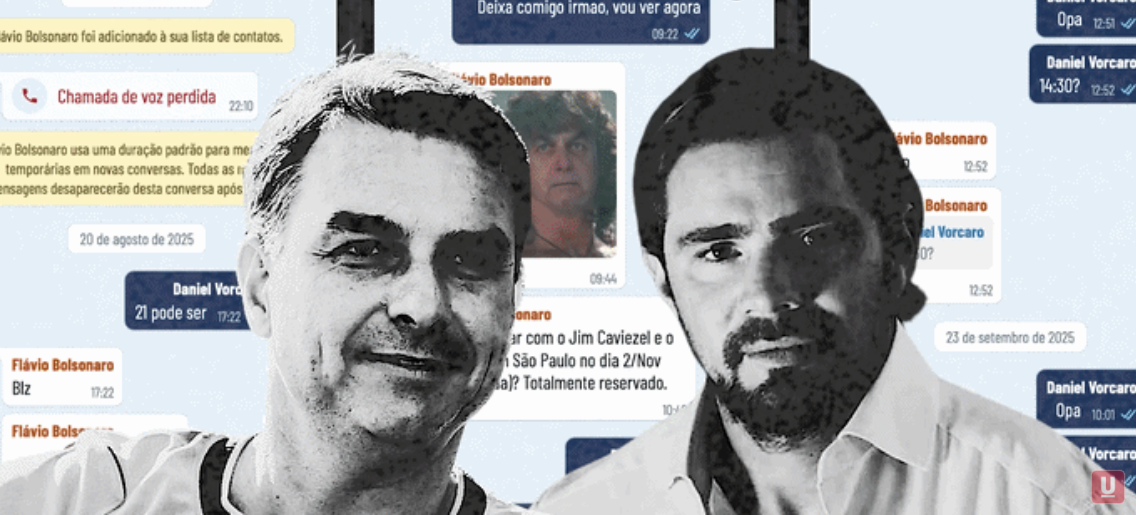 Arte: As 96 mensagens, Flávio x Vorcaro, com balões de conversa reproduzindo trechos das mensagens