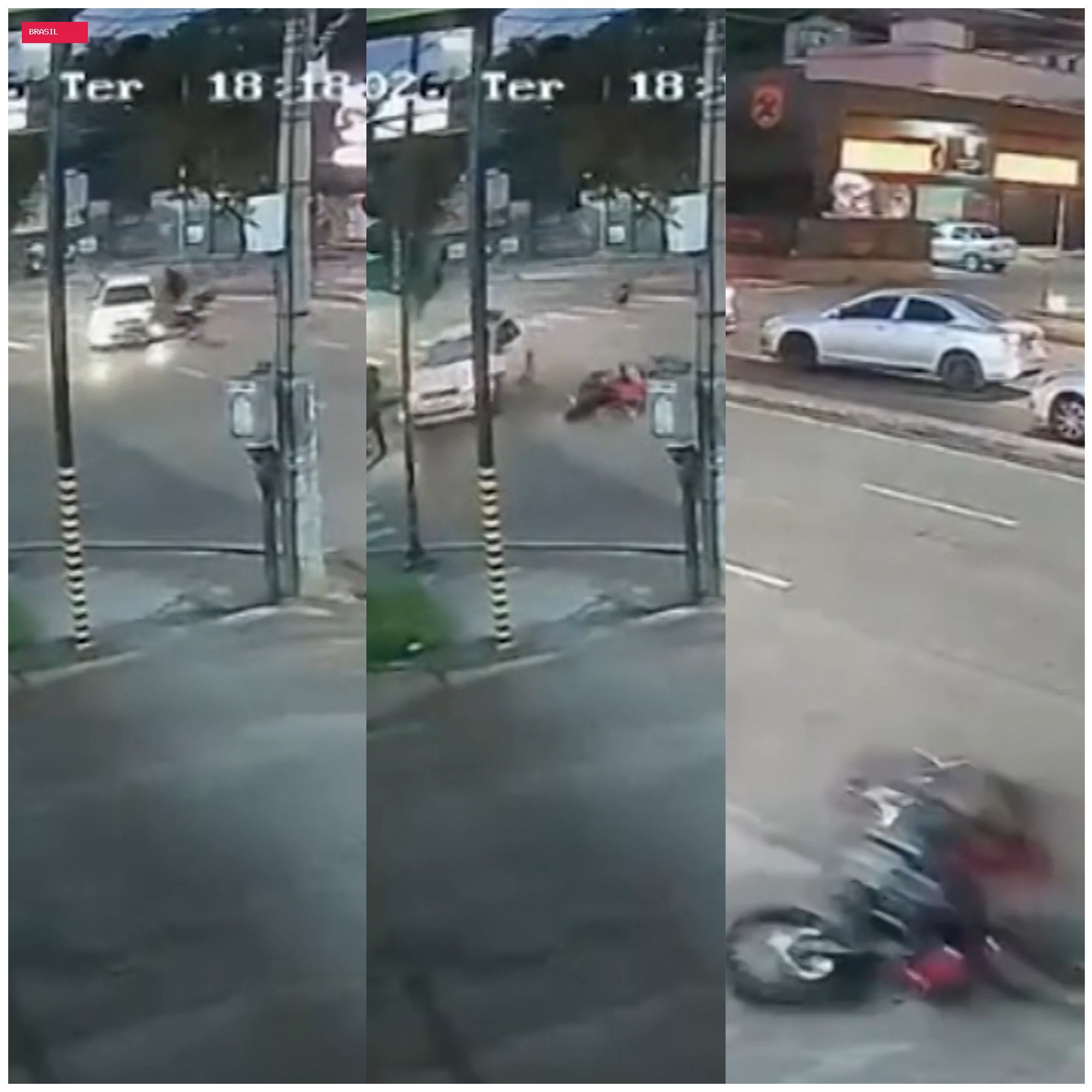 Moto avança sinal vermelho, bate em carro e pedestre é atingida em BH; VÍDEO