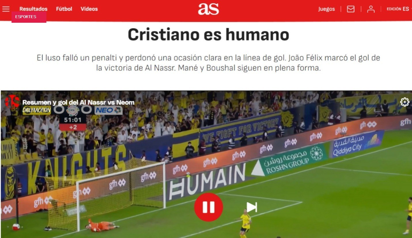 "Cristiano é humano": jornal espanhol destaca noite de erros de CR7 no Al-Nassr