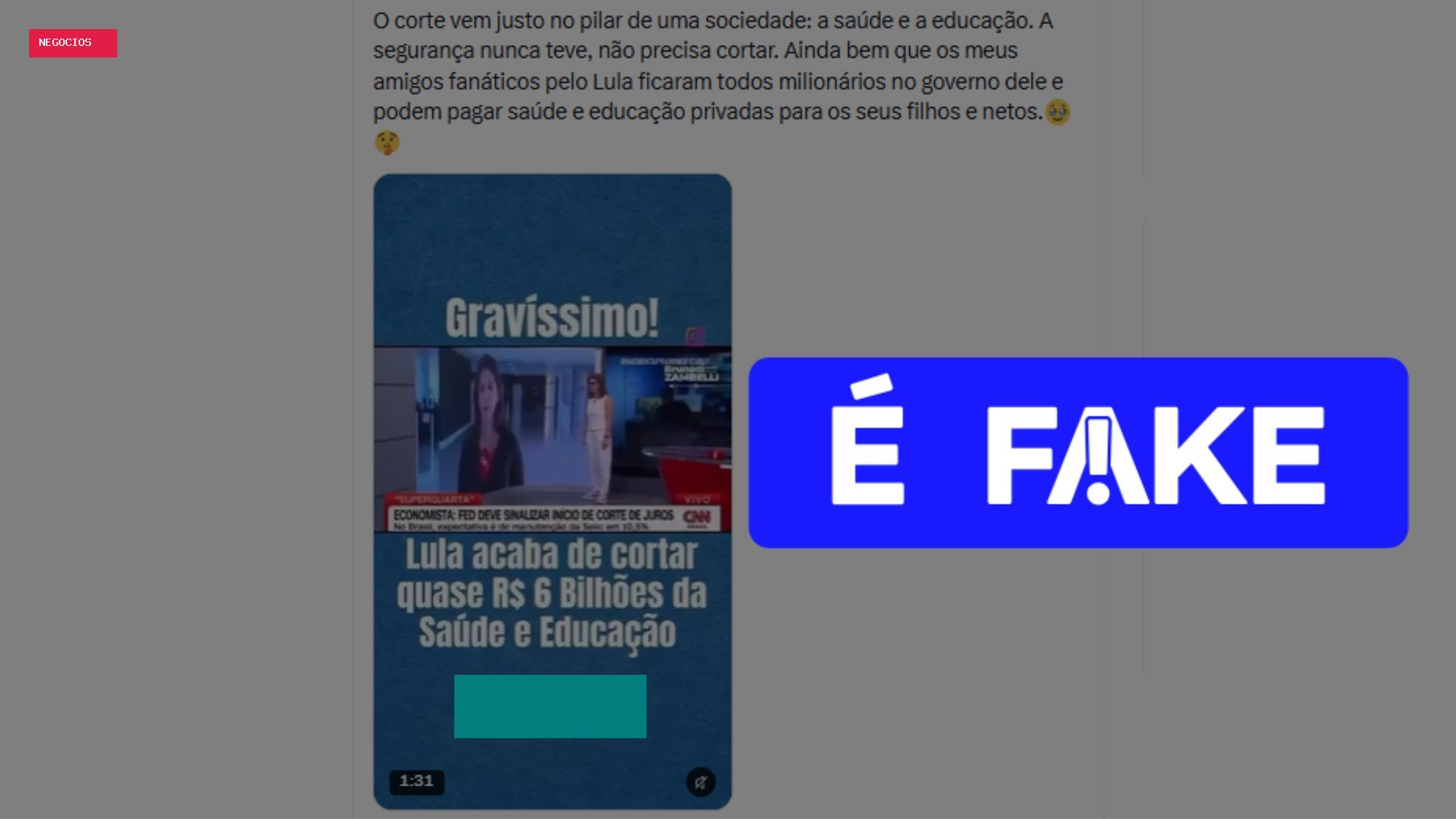 É #FAKE que Lula anunciou corte de R$ 6 bilhões na Saúde e na Educação após eleição de 2026; vídeo foi