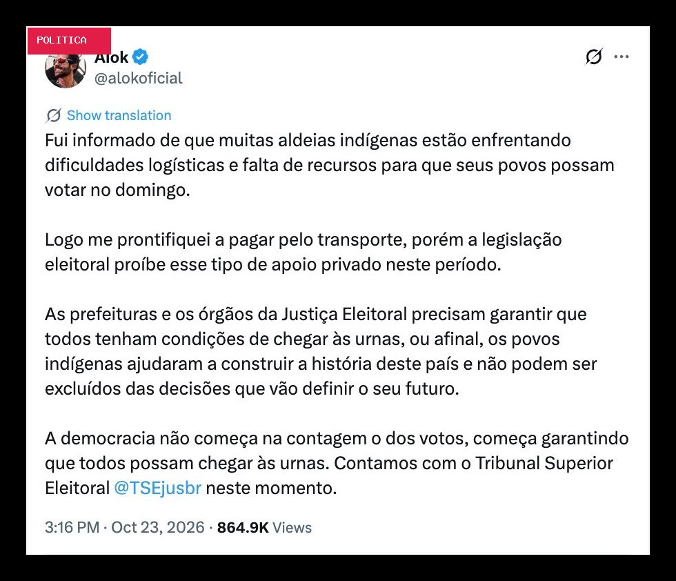 Alok cobra TSE por transporte de indígenas no 2º turno